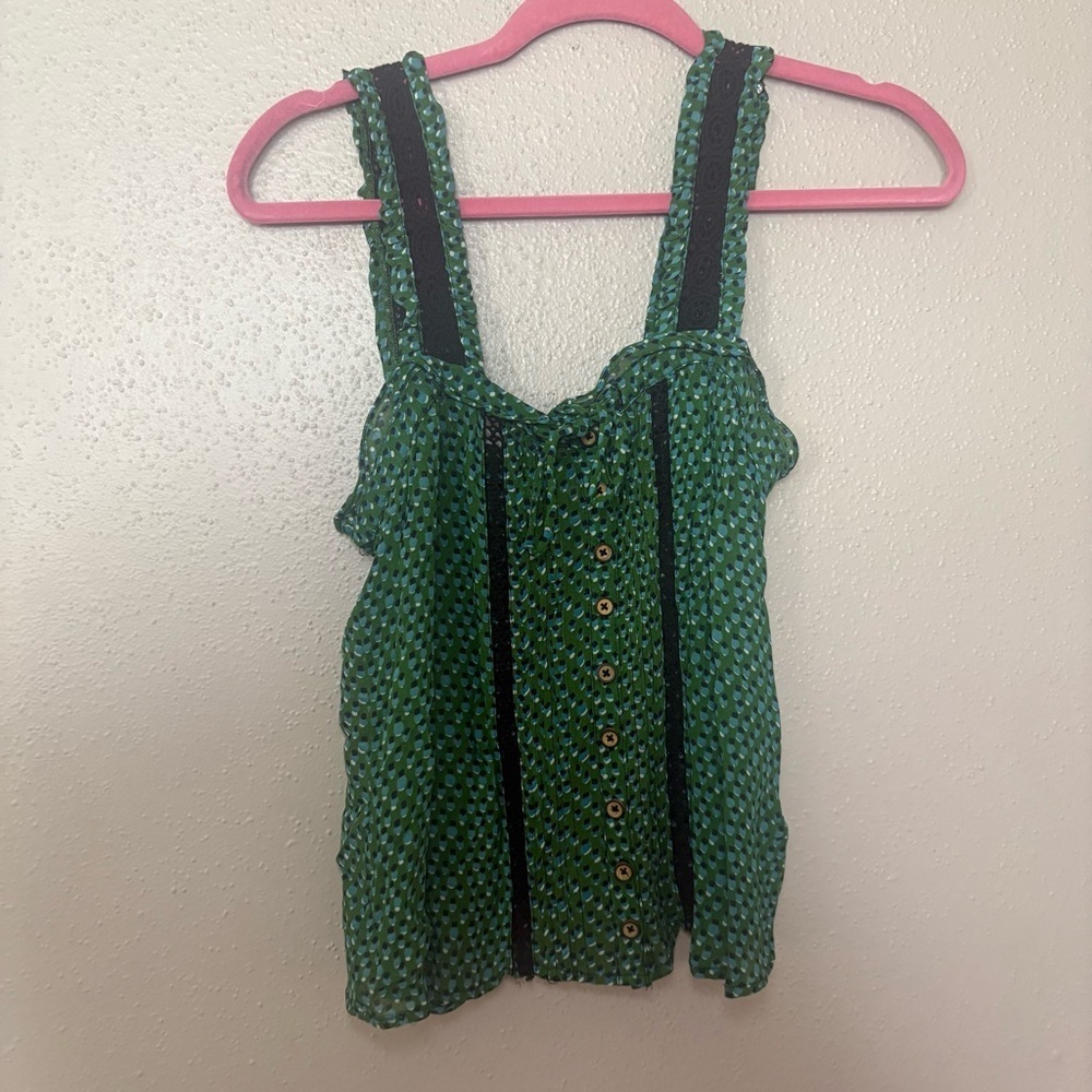 Anthropologie Bardot Blouse Boho Print Crochet Button Front Sleeveless Swing Top - Picture 2 of 8